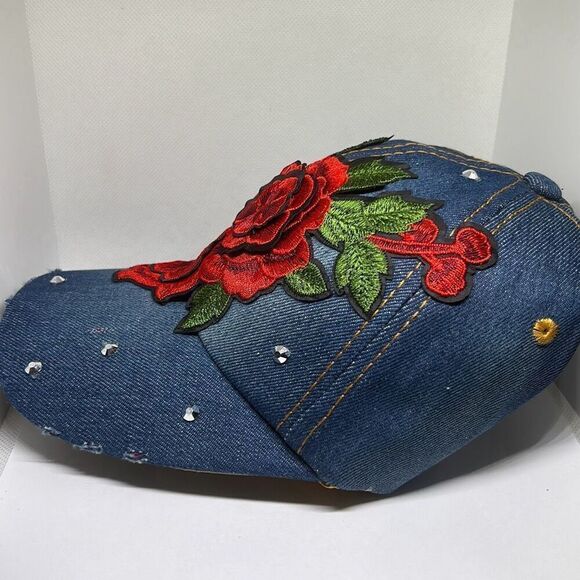 Embroidered Rose Denim Baseball Cap with Rhinestone Accents main image 6